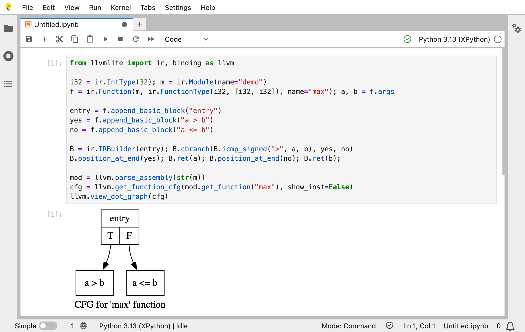 An LLVM control-flow graph rendered in JupyterLite