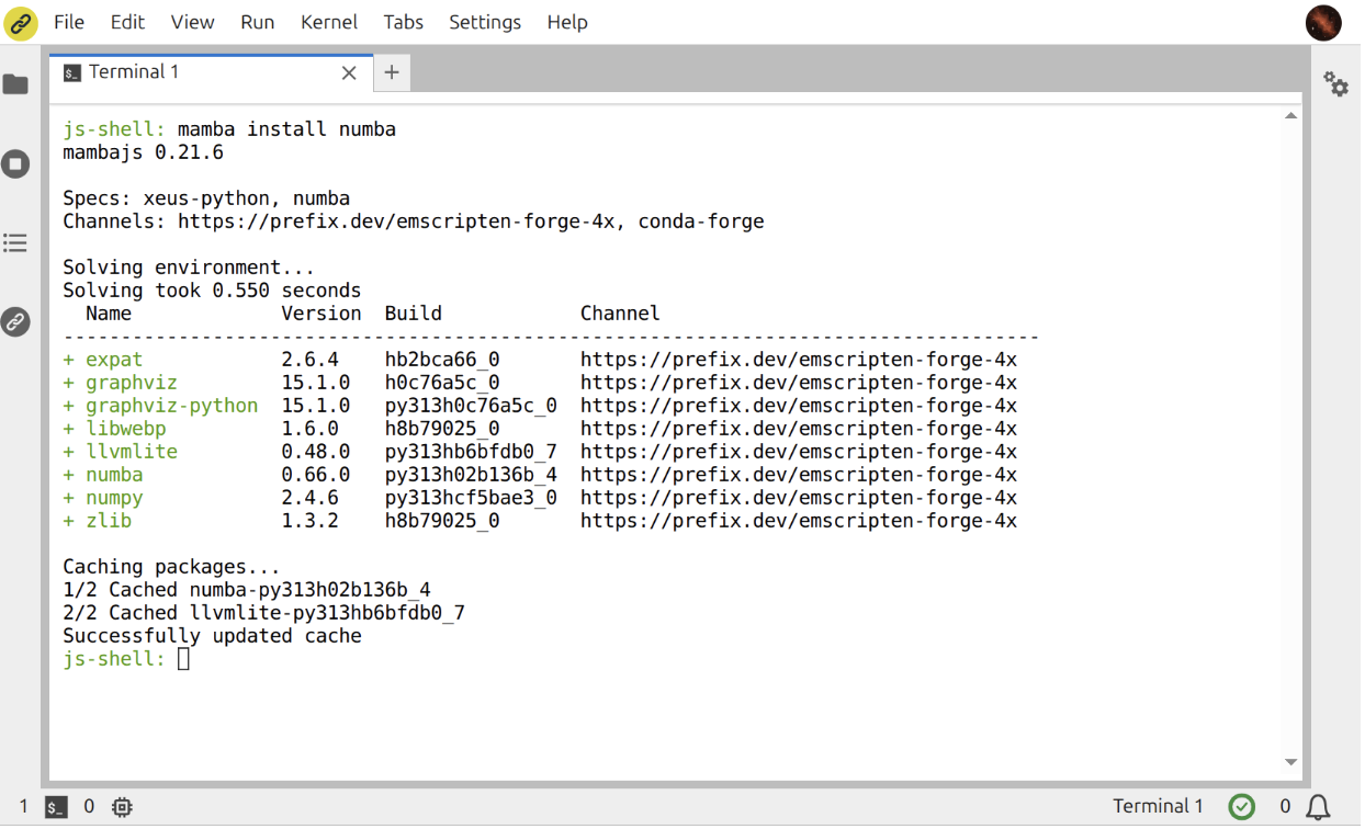 Installing Numba with Mamba inside JupyterLite