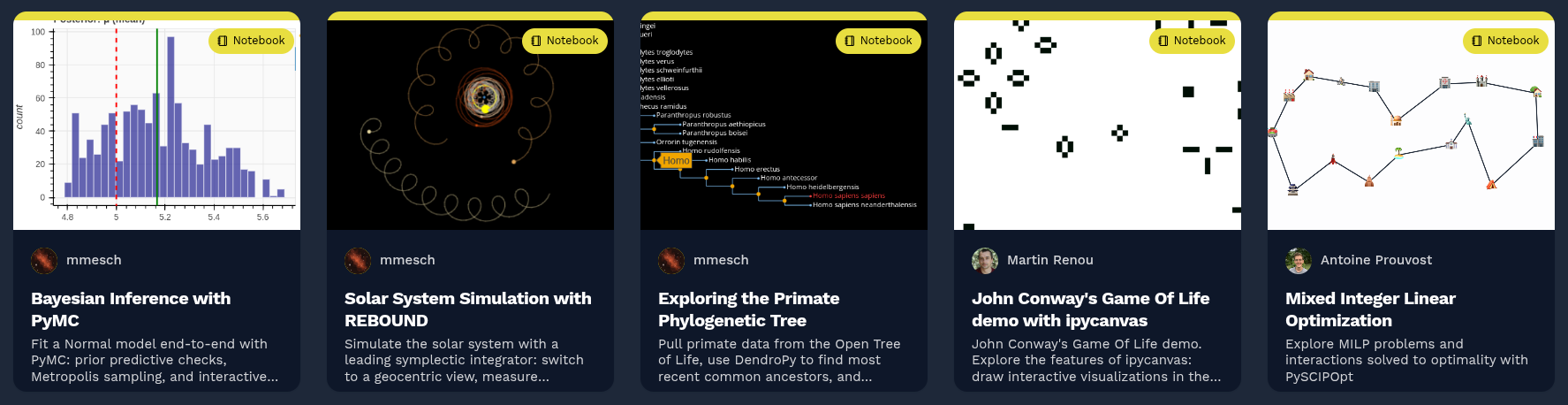A row of examples from the notebook.link gallery — Bayesian inference, orbital mechanics, phylogenetic trees, Conway's Game of Life, mixed-integer optimization and much more