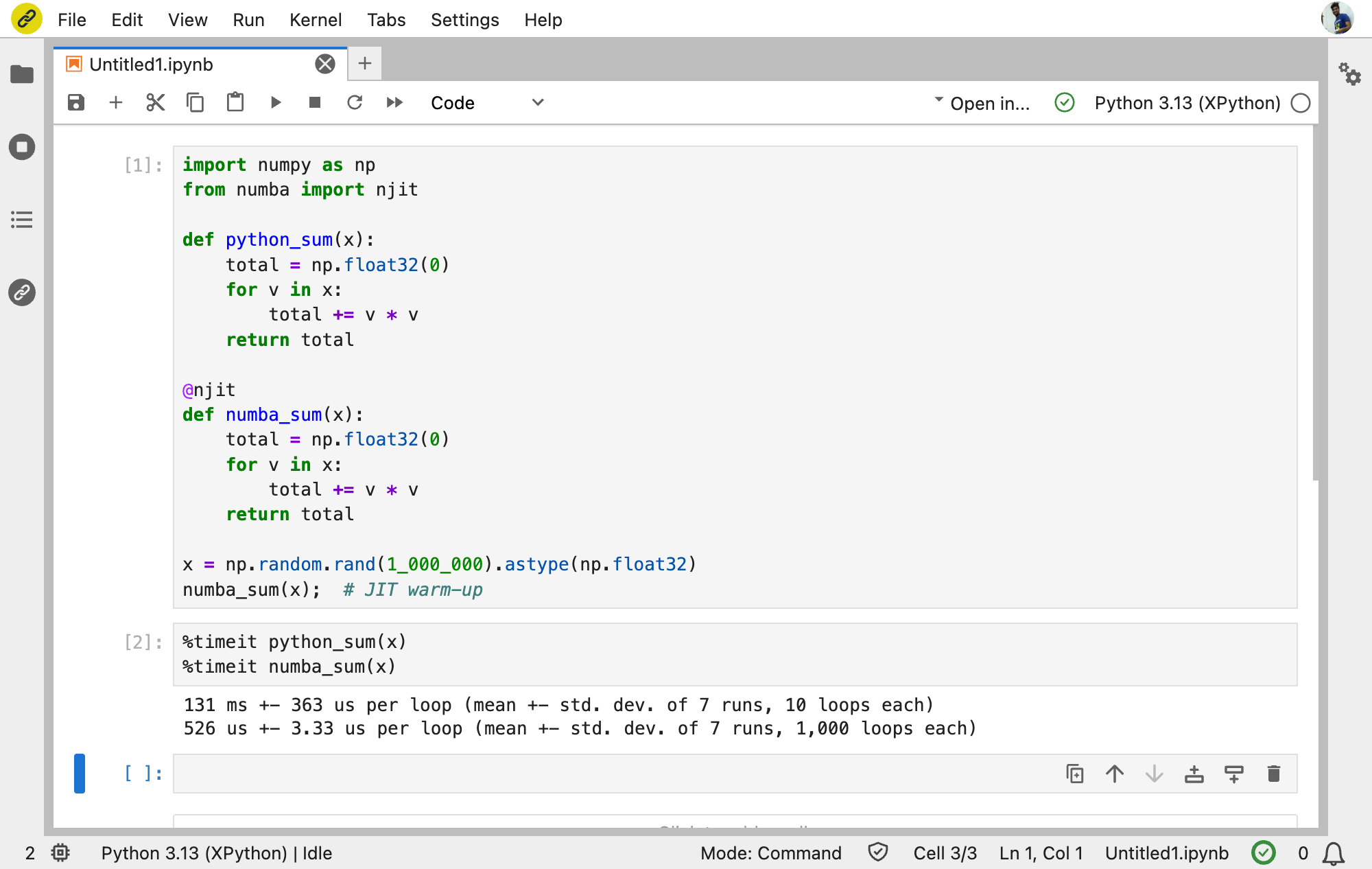 Numba benchmark in JupyterLite