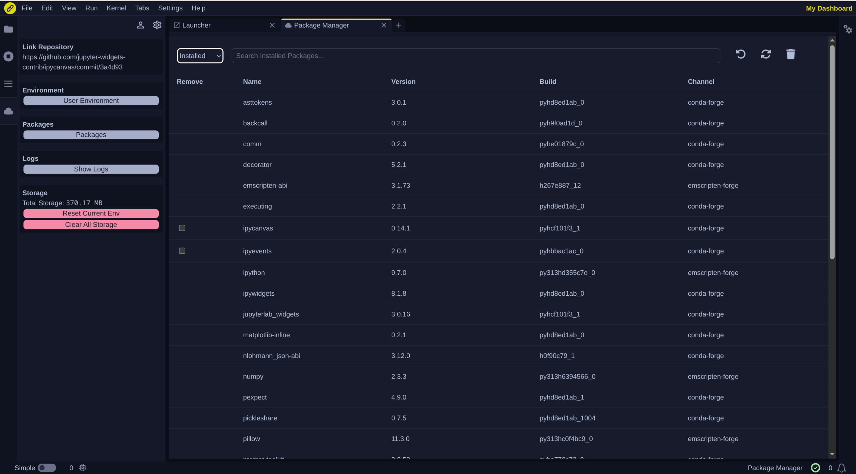 JupyterLite/project-panel-installed-packages