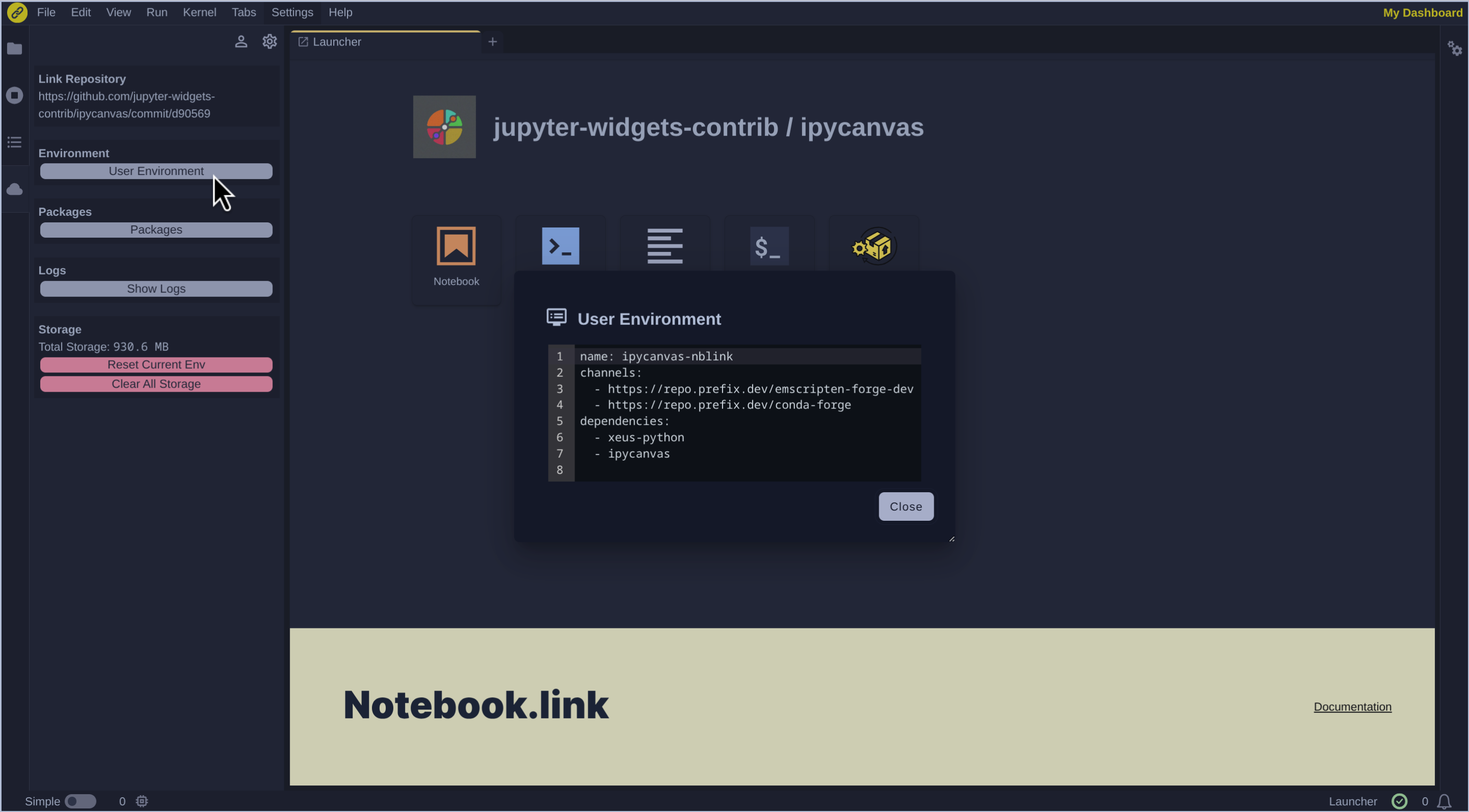 JupyterLite/project-panel-user-environment